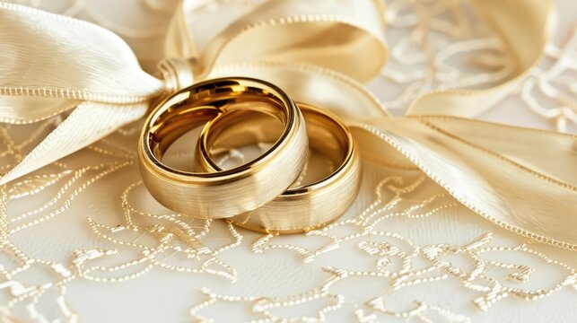 a pair of gleaming gold wedding rings elegantly tied with a ribbon, with a banner offering ample space for personalized messages or wishes.
