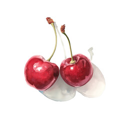 Watercolor illustration of red fresh American cherries on white background.