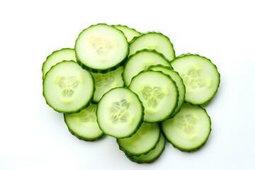 Background texture of green cucumber slices. Fresh cucumber slices on a white background, top view.