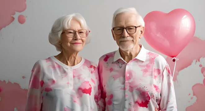Elderly couple in love wearing matching pastel outfits with heart balloon. Concept Elderly Couples, Pastel Outfits, Love, Heart Balloon, Photoshoot