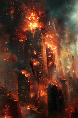 Fototapeta premium Nightmarish Horned Entity Obliterating a Modern Metropolis in Roaring Flames, Cityscape Reduced to Smoldering Ruins in Expressionistic Digital