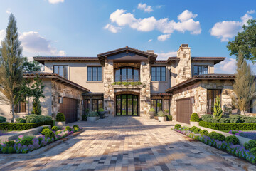 Fototapeta premium Exterior view of a luxury wear house with a rustic stone facade and elegant landscaping, viewed straight on.