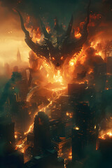 Nightmarish Horned Entity Obliterating a Modern Metropolis in Roaring Flames of Apocalyptic Destruction