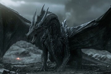 Intimidating Black fantastic dragon. Fantasy monster. Generate Ai