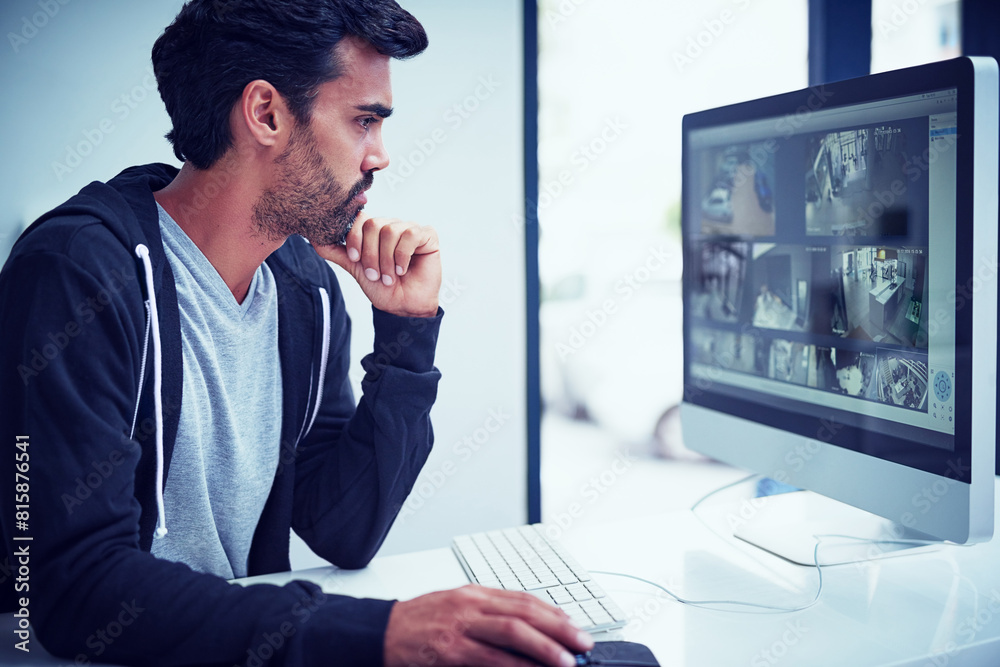 Poster Security, screen and man on computer for surveillance, tracking and investigating for crime in building. Camera, hacker and person online for cybersecurity, searching and monitoring or inspection