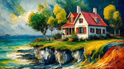 A post impressionist oil painting, van gogh，a painting of a house on a cliff by the seaside, with a red roof and white walls, several trees

next to the house, 