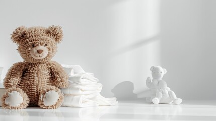 a teddy bear tenderly cradling a stack of items on a table, with a banner providing space for conveying heartfelt baby-themed messages, evoking the charm of infancy.