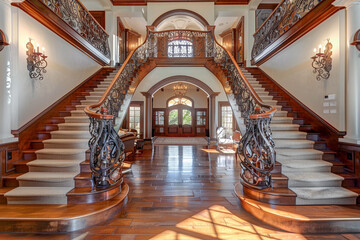 A luxurious entryway with a grand wooden staircase adorned with ornate wrought iron balusters,...