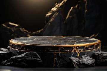 Obraz premium Product display mockup, empty Black stone and gold cylinder podium display stand for product display against a backdrop of black rock boulder, Cosmetic showcase.
