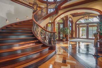 A luxurious entryway with a grand wooden staircase adorned with ornate wrought iron balusters,...