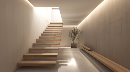 A minimalist interior with a straight, narrow wooden staircase, sharp angles, and a monochromatic color scheme, emphasizing simplicity and open space.