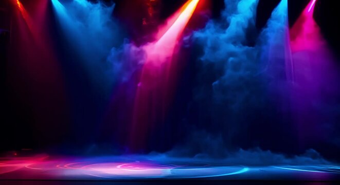 Empty theater stage with bright spotlight colorful backdrop and entertainment show setup. Concept Theater Stage, Spotlight, Colorful Backdrop, Entertainment Show, Setup