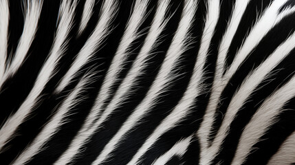 A close-up view captures the intricate and striking pattern of zebra fur, showcasing its distinctive black and white stripes. Animalist background.