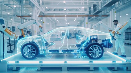 An electric vehicle battery unit in a modern industrial factory.  EV trends. Production factory.