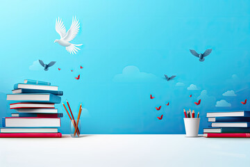 A white bird gracefully flies over a pile of books. Generative AI