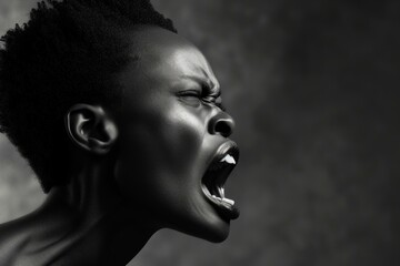Black and white image of a person with a powerful, expressive shout