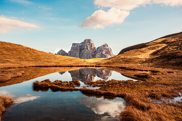 View of the Pelmo mountain on the Lake of Baste, Dolomites, Italy 