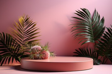 Obraz premium Product display podium with pink floral background.