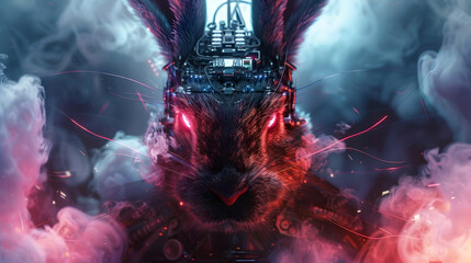 Powerful Cyborg Rabbit Warrior Amid Swirling Smoky Rainbow Hues in Futuristic Grungy Ambiance