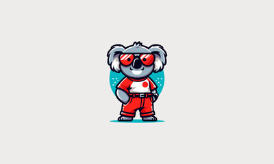 character koala wearing tshirt red and sun glass vector mascot design