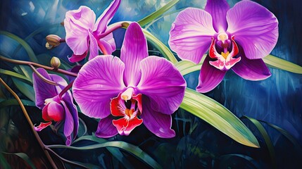 Abstract watercolor painting of an exotic orchid with vibrant purple and magenta petals against a backdrop of lush green foliage