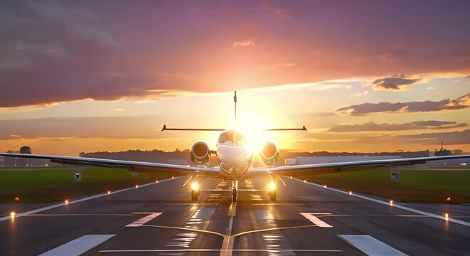 Private plane on runway at sunrise or sunset ready for takeoff. Concept Private Plane, Runway, Sunrise, Sunset, Takeoff