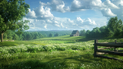 Obraz premium A peaceful countryside scene with a large house and a fence