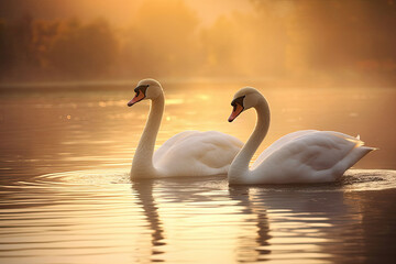 Fototapeta premium Two elegant white swans gracefully swim in a lake as the sun sets in the background. Generative AI