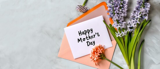 Naklejka premium Happy Mother's Day card with flowers on a soft background. Simple, elegant celebration concept for spring occasion. Perfect for greetings. AI