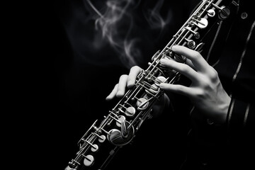 Fototapeta premium A detailed view of a person playing a flute, showcasing their fingers pressing the keys and their lips blowing into the instrument. Generative AI