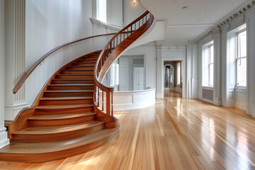 A spacious interior with a sweeping wooden staircase and minimalist railing, set against white walls and hardwood floors.