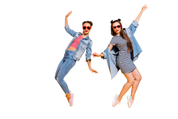 Full legs length body size portrait of two sweet gorgeous nice adorable good-dressed brunette hair lady dance isolated on yellow vivid background in glasses spectacles raised hands up