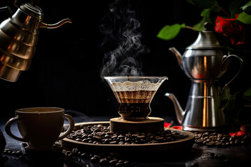 Fototapeta premium A coffee pot and a cup of coffee placed on a table. Generative AI
