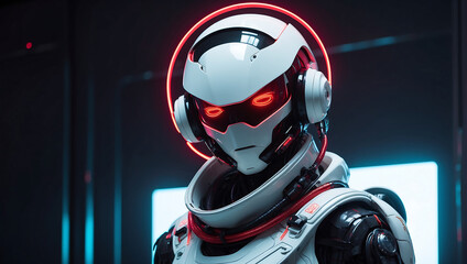 Fototapeta premium A futuristic humanoid robot dressed in sleek white armor with glowing red accents stands in a dimly lit hallway. Its helmet features illuminated red lines resembling eyes, and the background displays 