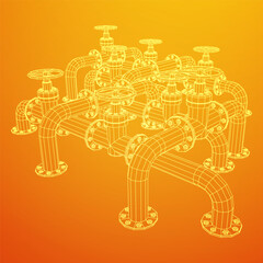 Oil pipeline with valve. Petrol production. Petroleum fuel industry transportation line. Wireframe low poly mesh vector illustration
