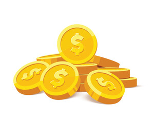 Gold coins with us dollar currency sign vector illustration isolated on white background. Money heap coin pile. Business and finance concept design element.