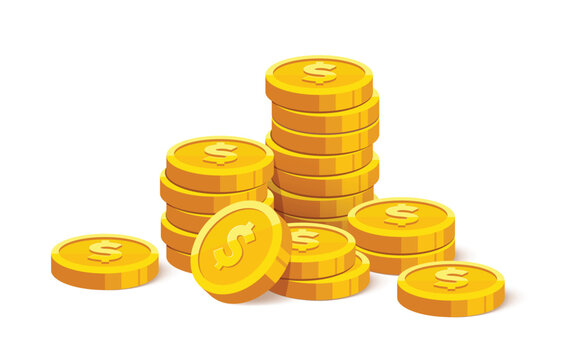 Heap of gold coins with us dollar currency sign vector illustration isolated on white background. Money coin stack pile. Business and finance concept design element.