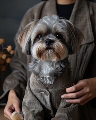 A dog owner lovingly grooming their shih tzu, detailing meticulous care and the intimate bond through routine