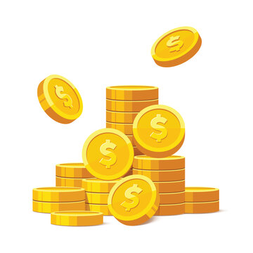 Heap of gold coins with us dollar currency sign vector illustration isolated on white background. Money coin stack pile. Business and finance concept design element.