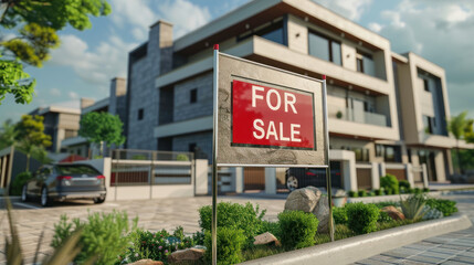 illustration of a sign with the text FOR SALE in front of a modern family home