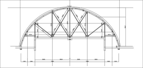 Vector illustration sketch of technical drawing for the construction of a semi-circular dome with a steel frame © achmad