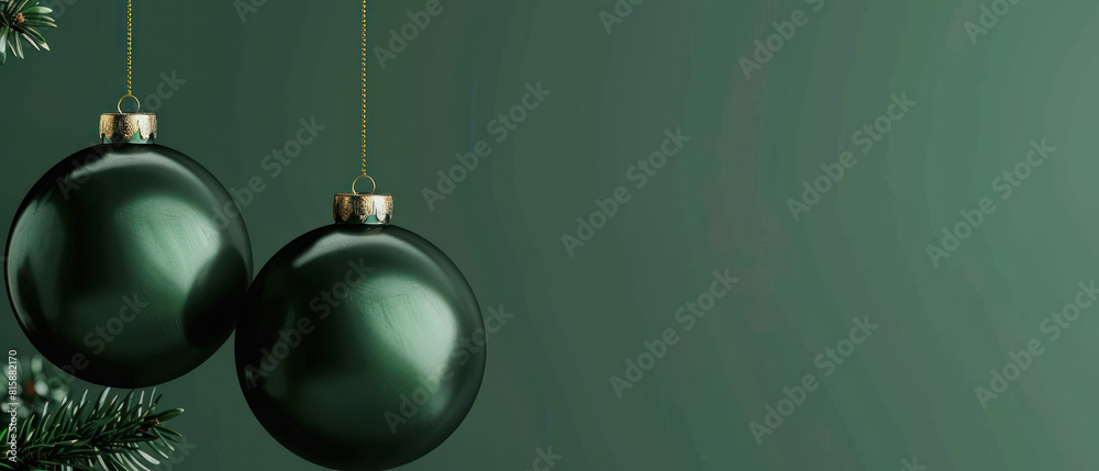 Wall mural illustration of two dark green christmas baubles on the left side of the image, copyspace for any te