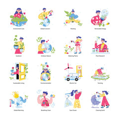 Fototapeta premium Set of 16 Ecology Doodle Mini Illustrations