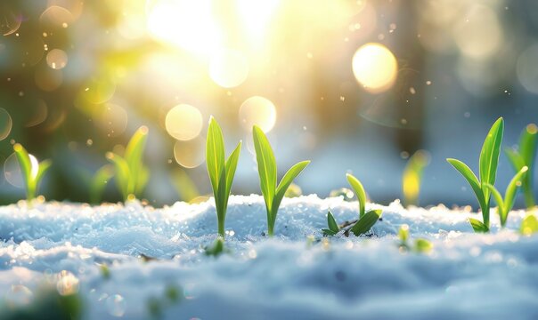 Rebirth of nature, sreen grass sprouts on snow Surface