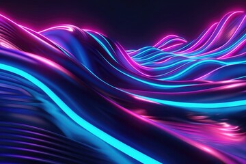 3d render, abstract background with neon glowing lines in blue and purple colors on black backdrop. Futuristic wallpaper for design mockup of product presentation. Minimalistic room interior.