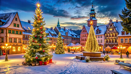 A charming town square transformed into a fairy tale scene with brilliantly lit Christmas trees,...