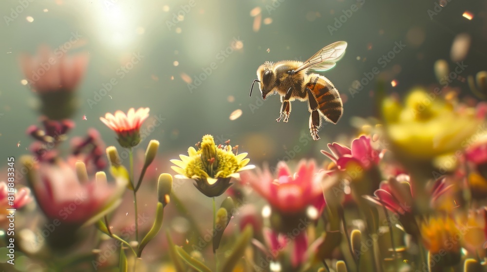 Poster A bee hovering above a cluster of colorful flowers, poised to dive in and gather precious nectar.