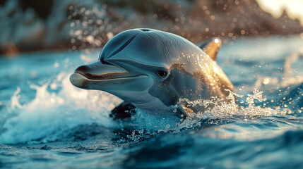 Beautiful dolphin in sea wave at sunset time