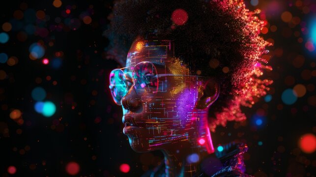 A Beautiful Futuristic 3D Hologram Cyberpunk Goddess Made Of Colorful Neon Lit Computer Programming Code