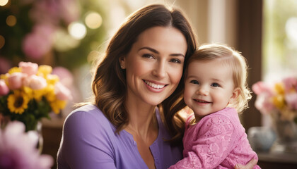 Obraz premium Portrait of happy mother and child, mother's day celebration